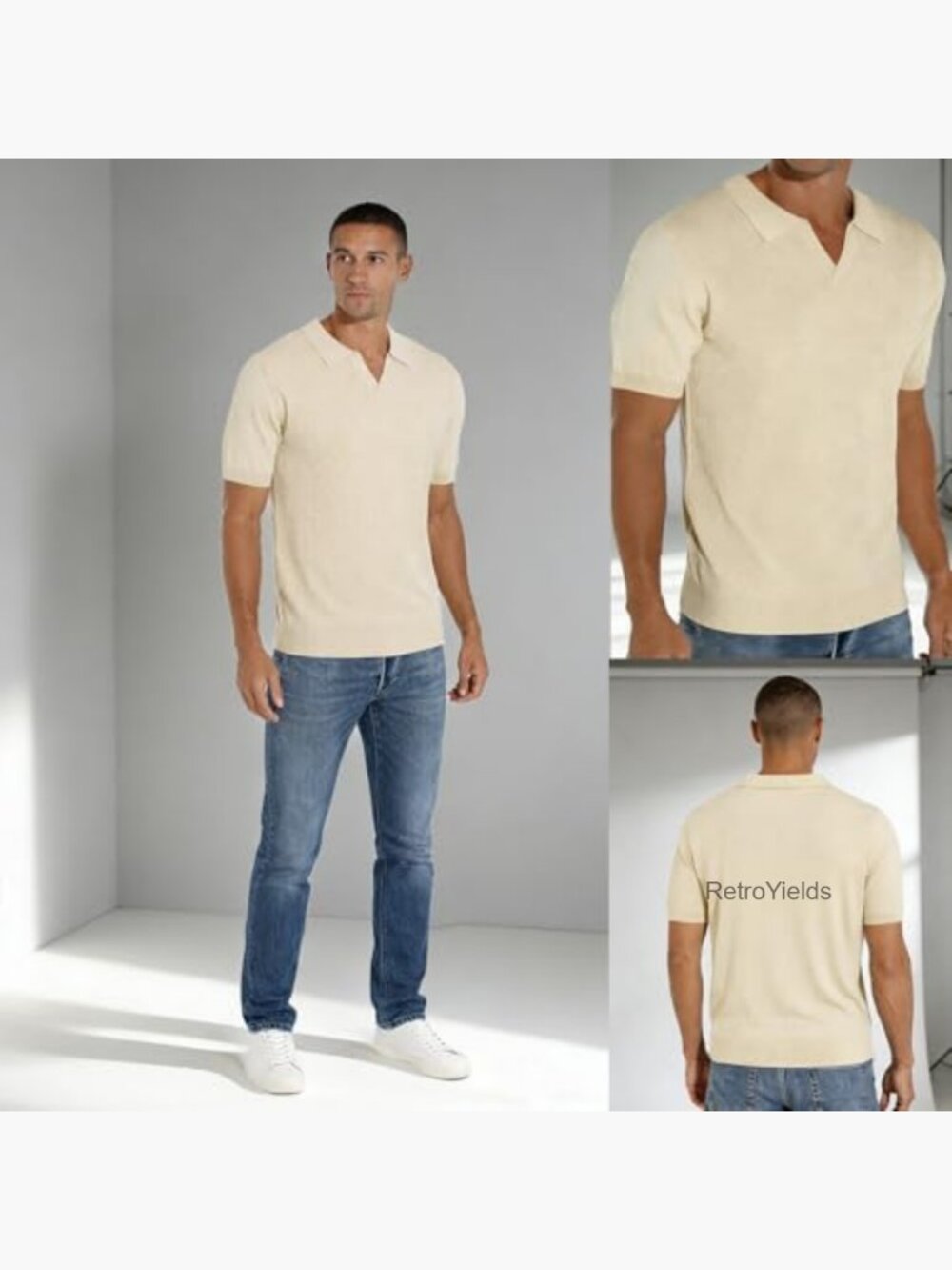 Men's Textured V-Neck Short Sleeve Polo Shirt - Casual Golf Pullover - Picture 2 of 7